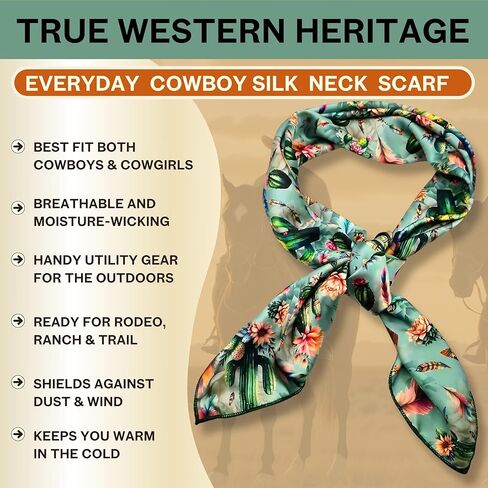 Wild Rag Silk Scarf 36'', Western Cowboy Bandana Square Silky Wild Rags,Grey Teal Cactus Tibal Scarves for Men & Women in Saudi Arabia