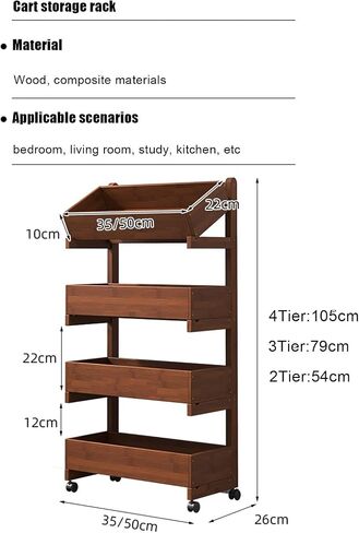 Wood Book Cart with Wheels，2 3 4 Tier Rolling Library Cart Organizer for Study Office Kitchen Classroom Storage cart(35cm,3 Tier) in Saudi Arabia