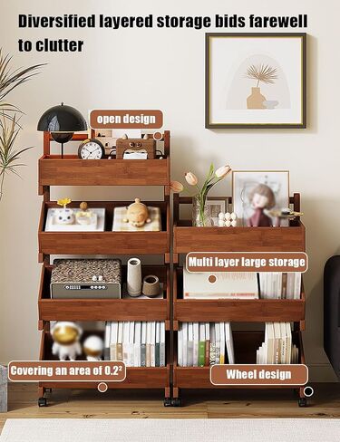 Wood Book Cart with Wheels，2 3 4 Tier Rolling Library Cart Organizer for Study Office Kitchen Classroom Storage cart(35cm,3 Tier) in Saudi Arabia
