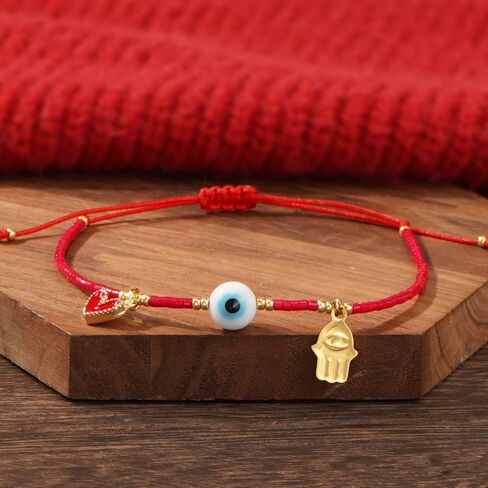 Evil Eye Beaded Bracelet for Women - Handmade Boho Stackable Colorful Gold Seed Beads Stack Pearl Heart Charms Adjustable Protection Bracelet Evil Eye Jewelry Summer Beach Friendship Gift in Saudi Arabia