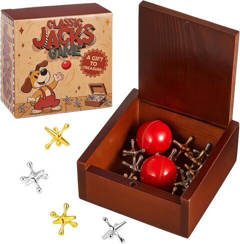 Gejoy 1 Pack Metal Jacks Set with 12 Metal Jacks and 2 Red Rubber Balls in Wooden Box Retro Jackstones Game for Adults Christmas End of Year Family Gatherings Gifts Birthday Party Favors in Saudi Arabia