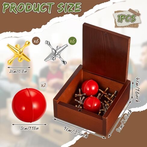 Gejoy 1 Pack Metal Jacks Set with 12 Metal Jacks and 2 Red Rubber Balls in Wooden Box Retro Jackstones Game for Adults Christmas End of Year Family Gatherings Gifts Birthday Party Favors in Saudi Arabia