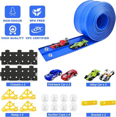 مسار سباق مرن للأطفال من عمر 3 إلى 5 سنوات، مسارات سيارات مرنة بطول 15 قدمًا للأطفال الصغار مع سيارتين قابلتين للسحب للخلف وسيارتين من السبائك، مسارات سيارات سباق قابلة للطي، عيد ميلاد للأولاد والبنات in Kuwait