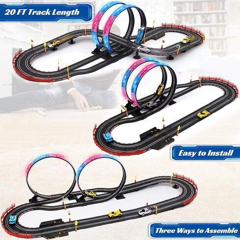 مجموعات مسارات سباق السيارات ذات الفتحات مع 4 سيارات سباق عالية السرعة، مسار سيارة سباق كهربائي بطول 20 قدمًا للأولاد والأطفال، مسار جسر دائري مزدوج لألعاب السباق، هدايا ألعاب للبالغين والأولاد الذين تتراوح أعمارهم بين 6 و7 و8-12 عامًا in Kuwait