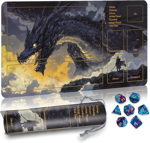 حصيرة اللعب MTG Mat TCG DND مع حقيبة تخزين و7 نرد | سطح مقاوم للماء وغير قابل للانزلاق | تصميم ممتاز لقفل الحواف | سجادة لعب مع مناطق لبساط اللعب السحري (أسود تنين) in Kuwait