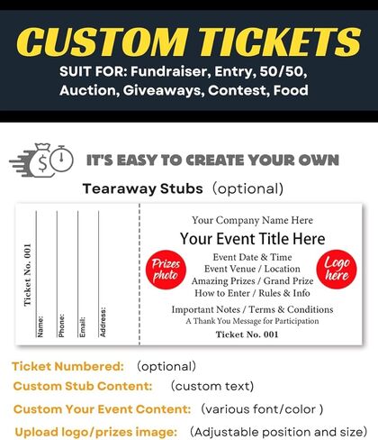 Custom Raffle Tickets with Tearaway Stubs Numbered - Personalized Fundraiser Tickets with Your Logo Prize Photo Text for 50/50 Auction Giveaways Contest Food- 2.25" x 5.5" (White Ticket),30-5000 Pcs in Saudi Arabia