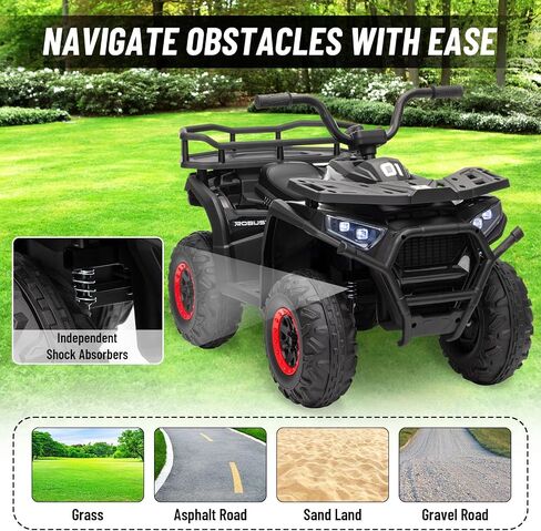 سيارة ألعاب للركوب 24 فولت 4 × 4، BLISSRIDE Kids ATV Quad مع وسائد للركبة، موسيقى بلوتوث، أضواء LED، رف تخزين خلفي، تعليق زنبركي، بداية وفرامل ناعمة آمنة، عربة كهربائية بأربع عجلات للأطفال الأولاد والبنات، مقاس L أسود in Kuwait