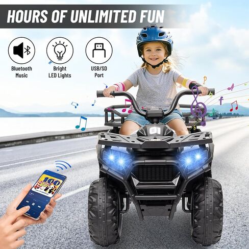 سيارة ألعاب للركوب 24 فولت 4 × 4، BLISSRIDE Kids ATV Quad مع وسائد للركبة، موسيقى بلوتوث، أضواء LED، رف تخزين خلفي، تعليق زنبركي، بداية وفرامل ناعمة آمنة، عربة كهربائية بأربع عجلات للأطفال الأولاد والبنات، مقاس L أسود in Kuwait