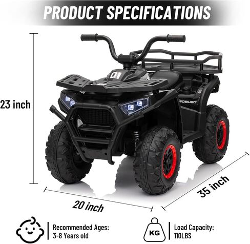 سيارة ألعاب للركوب 24 فولت 4 × 4، BLISSRIDE Kids ATV Quad مع وسائد للركبة، موسيقى بلوتوث، أضواء LED، رف تخزين خلفي، تعليق زنبركي، بداية وفرامل ناعمة آمنة، عربة كهربائية بأربع عجلات للأطفال الأولاد والبنات، مقاس L أسود in Kuwait