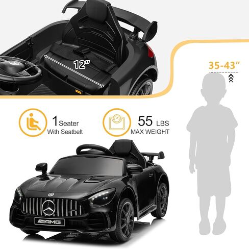 Winado 12V Ride on Car, Licensed Mercedes Benz AMG GTR Battery Powered Electric Vehicle, w/Parent Remote, Wider Seat, LED Lights, Openable Doors, MP3 Player, Smooth Start, 3 Speeds - Black in Kuwait
