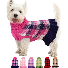Dog Sweater Dress Plaid Knitwear for Small Medium Dogs Warm Puppy Pet Turtleneck Stretch Pullover Cute Fall Winter Vest Clothes with Leash Hole for Christmas (Coffee, 2XL) in Kuwait