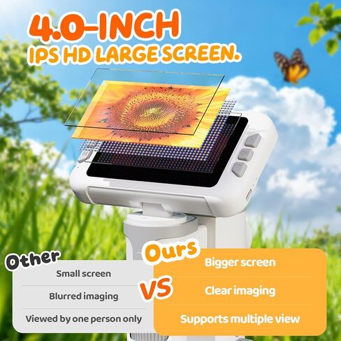1600X Microscope for Kids, 4K 4.0" Digital Screen Kids Microscopes with Slides Kit, Educational Science Toys for Christmas Birthday Gifts for 3-14 Year Old Children Students in Kuwait
