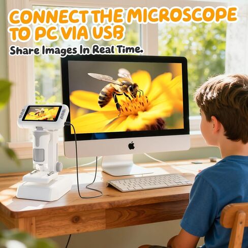 1600X Microscope for Kids, 4K 4.0" Digital Screen Kids Microscopes with Slides Kit, Educational Science Toys for Christmas Birthday Gifts for 3-14 Year Old Children Students in Kuwait