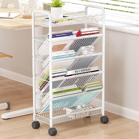 Rolling Book Cart, Mobile Bookshelf with Wheels, Compact Desk Storage Organizer Trolley, Floor Standing Metal Bookshelves/Corner Display Shelf, Magazine Rack for Narrow S in Saudi Arabia