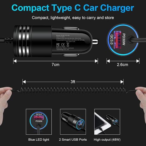 48W Super Fast Samsung Car Charger USB C Rapid Android Car Adapter with 30W Built-in Type C Fast Charging Cable for Samsung Galaxy S23 Ultra S22 S21 S20 FE A14 A54 A34 A53 A23 A13 A03S A02S A12 A32 S9 in Saudi Arabia