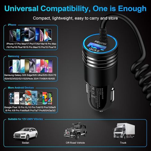 48W Super Fast Samsung Car Charger USB C Rapid Android Car Adapter with 30W Built-in Type C Fast Charging Cable for Samsung Galaxy S23 Ultra S22 S21 S20 FE A14 A54 A34 A53 A23 A13 A03S A02S A12 A32 S9 in Saudi Arabia