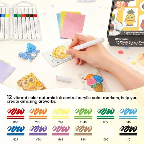Rhevosil 57 Pcs Magic Foam Texture Painting Kit, Magical 3D Effect Painting Kit, Including 35 Pcs Foam Texture Paper, 12 Colors Acrylic Paint Markers, DIY Bubble Drawing Pens Art Supplies in Kuwait