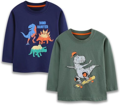 تي شيرت للأولاد بأكمام طويلة للأطفال الصغار، تي شيرت برقبة دائرية للأطفال الصغار من القطن الأساسي، عبوة من قطعتين in Kuwait