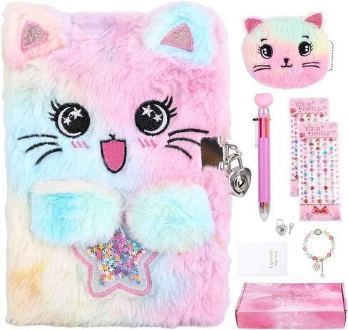 Motthjcw Cat Diary with Lock for Girls, 6 7 8 Year Old Girl Birthday Gift for Birthday Christmas, Cat Plush Secret School Travel Cute Notebook Set with Multicolored Pen Stickers Bracelet Purse etc in Saudi Arabia