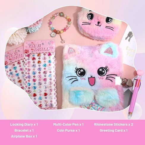 Motthjcw Cat Diary with Lock for Girls, 6 7 8 Year Old Girl Birthday Gift for Birthday Christmas, Cat Plush Secret School Travel Cute Notebook Set with Multicolored Pen Stickers Bracelet Purse etc in Saudi Arabia