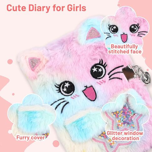 Motthjcw Cat Diary with Lock for Girls, 6 7 8 Year Old Girl Birthday Gift for Birthday Christmas, Cat Plush Secret School Travel Cute Notebook Set with Multicolored Pen Stickers Bracelet Purse etc in Saudi Arabia
