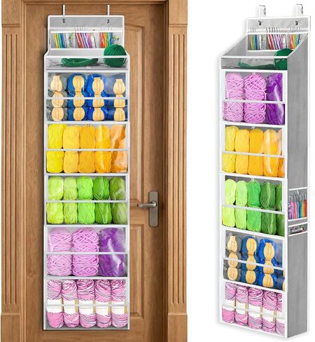 Yarn Storage Organizer, Yarn Holder Over the Door Hanging Crochet Kit Storage with 5 Zippered Compartments, Large Capacity Sewing Organizer Gifts for Knitters Needles Storage Crochet Hooks in Saudi Arabia