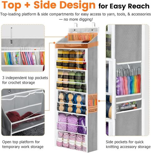 Yarn Storage Organizer, Yarn Holder Over the Door Hanging Crochet Kit Storage with 5 Zippered Compartments, Large Capacity Sewing Organizer Gifts for Knitters Needles Storage Crochet Hooks in Saudi Arabia