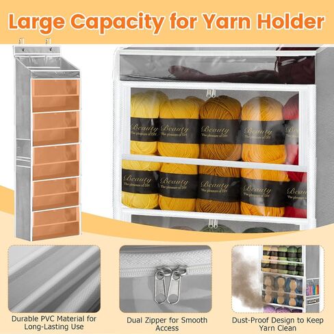 Yarn Storage Organizer, Yarn Holder Over the Door Hanging Crochet Kit Storage with 5 Zippered Compartments, Large Capacity Sewing Organizer Gifts for Knitters Needles Storage Crochet Hooks in Saudi Arabia