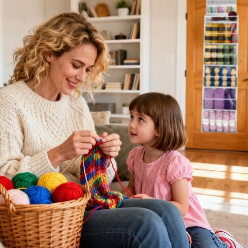 Yarn Storage Organizer, Yarn Holder Over the Door Hanging Crochet Kit Storage with 5 Zippered Compartments, Large Capacity Sewing Organizer Gifts for Knitters Needles Storage Crochet Hooks in Saudi Arabia