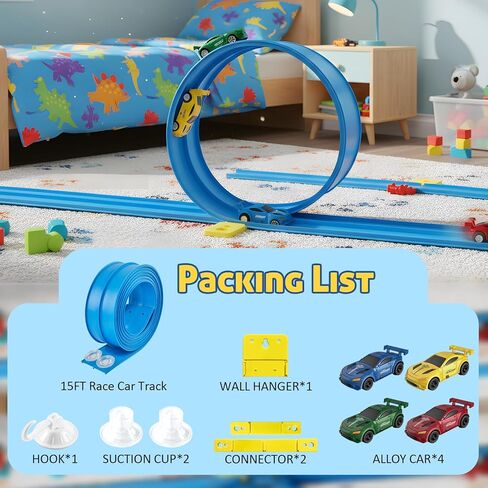 مجموعة ألعاب مسار السباق المرنة بطول 15 قدمًا، مسار سيارة سباق مزدوج المسار قابل للانحناء مع أكواب شفط قوية، مسار سباق محمول للسيارات المصبوبة 1:64، مسار سباق سهل التركيب للأطفال من سن 3 سنوات فما فوق، أزرق in Kuwait