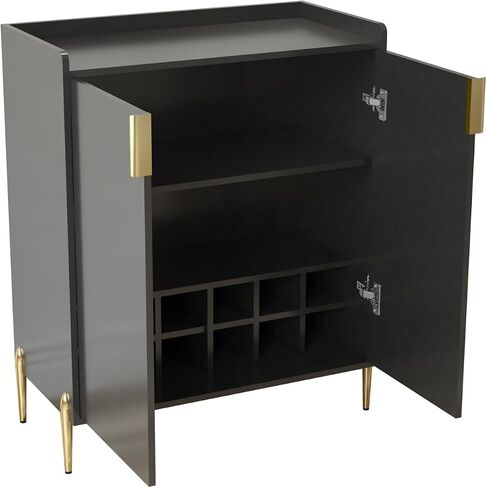 2 doors home wine bar cabinet with wine rack & adjustable storage shelf, modern sideboard with soft-closing hinge, dinning room buffet cabinet, Liquor Cabinet kitchen, living room coffee cart BLACK in Saudi Arabia