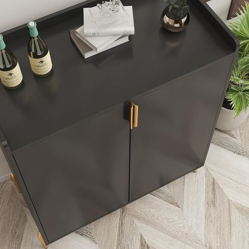 2 doors home wine bar cabinet with wine rack & adjustable storage shelf, modern sideboard with soft-closing hinge, dinning room buffet cabinet, Liquor Cabinet kitchen, living room coffee cart BLACK in Saudi Arabia