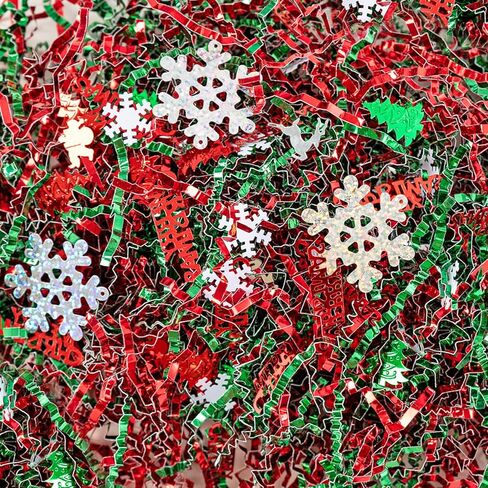 Gloreyan 8.8oz Christmas Crinkle Cut Paper Shred, Xmas Metallic Red Green Raffia Paper Sherd Filler Grass with Christmas Confetti for Gift Wrapping Basket Filling Birthdays Weddings Party Supply in Kuwait
