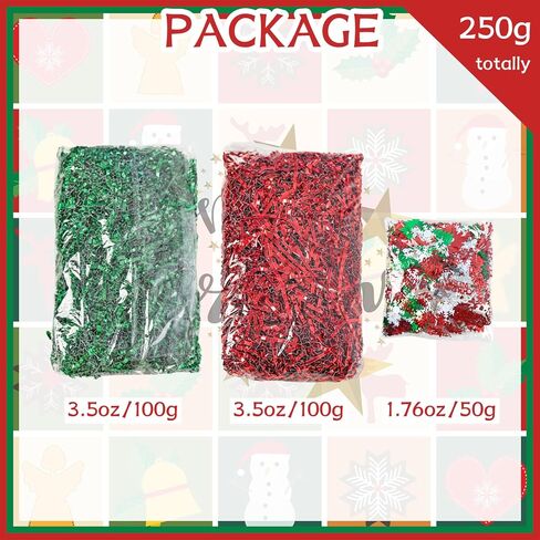 Gloreyan 8.8oz Christmas Crinkle Cut Paper Shred, Xmas Metallic Red Green Raffia Paper Sherd Filler Grass with Christmas Confetti for Gift Wrapping Basket Filling Birthdays Weddings Party Supply in Kuwait