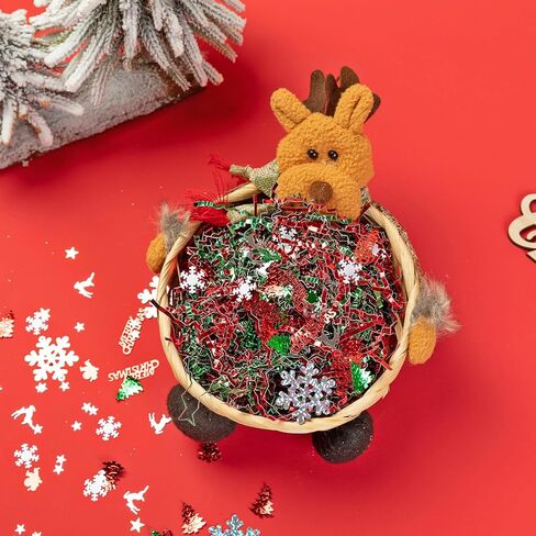 Gloreyan 8.8oz Christmas Crinkle Cut Paper Shred, Xmas Metallic Red Green Raffia Paper Sherd Filler Grass with Christmas Confetti for Gift Wrapping Basket Filling Birthdays Weddings Party Supply in Kuwait