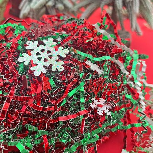 Gloreyan 8.8oz Christmas Crinkle Cut Paper Shred, Xmas Metallic Red Green Raffia Paper Sherd Filler Grass with Christmas Confetti for Gift Wrapping Basket Filling Birthdays Weddings Party Supply in Kuwait