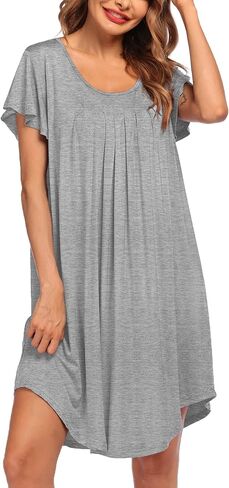Ekouaer Womens Nightgown Soft Sleepwear Pleated Sleepshirt Sleep Dress Short Sleeve Nightdress S-3XL in Kuwait
