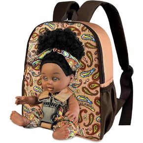 Nice2you Black Baby Doll in Take Along Backpack Carrier, 10in American African Girl Doll for Toddlers and Kids Aged 1-3 2 4 5 Year Old, Backpack for Baby Doll Accessories Storage