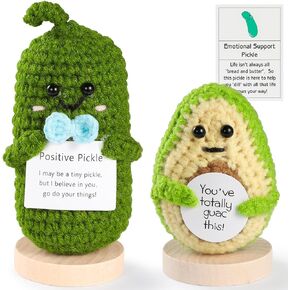 Handmade Emotional Support Pickled Cucumber Gift, Cucumber Avocado Crochet Doll Inspirational Gifts with Wooden Base, Encourage Ornament Crochet Pickle Cucumber Gift on Birthday