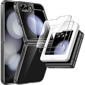 JETech 3 in 1 Case for Samsung Galaxy Z Flip 5 with 2-Pack Tempered Glass Front Screen Protector, Crystal Transparent Hard PC Shell Protective Phone Cover (Black)