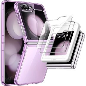 حافظة JETech 3 في 1 لهاتف Samsung Galaxy Z Flip 5 مع واقي شاشة أمامي من الزجاج المقوى، وغطاء هاتف واقٍ من البولي كربونات الصلب الشفاف (شفاف)