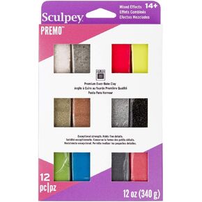 Polyform Sculpey Premo Metallics and Glitters Color sampler pack, 12 colors, Premium Polymer Oven-Bake Clay, Non Toxic, 12 oz., Great for jewelry making, holiday, DIY, mixed media andmore.