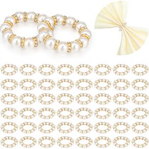 Tanlade 24 Pcs Wedding Pearl Napkin Rings Imitation Pearl Beaded Napkin Rings Holder Silver White and Gold Elastic Dinner Table Decor Rhinestone Serviette Rings for Table Party Decorations