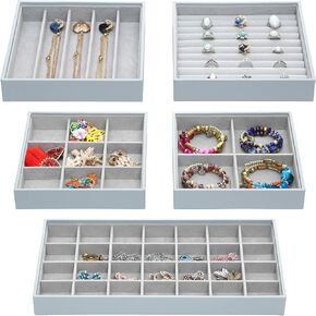 ORIGIA Magic Stackable Jewelry Trays Closet Dresser Drawer Organizer for Accessories, Gadgets & Cosmetics, Storage Display Showcase Holder Box, Set of 5