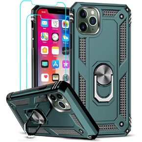 LeYi Compatible for iPhone 11 Pro Max Case with Tempered Glass Screen Protector [2 Pack], Military-Grade Phone Case Cover with Ring Kickstand for Apple iPhone 11 Pro Max 6.5 inch，Black