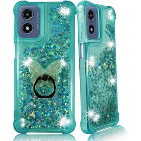 Zase Moto G Play 4G (2024) Phone Case Liquid Glitter Sparkly Bling Cute Design for Motorola G Play 2024 6.5-inch Floating 3D Butterflies Waterfall Quicksand w/Phone Ring Holder (Teal Mint Blue)