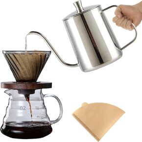 Pour Over Coffee Maker Set, Includes 20oz Coffee Dripper Server, Gooseneck Kettle, V60 Coffee Dripper With Bamboo Holder,100 Paper Filters,For 2-4cups coffee (Black Kettle Set) in Saudi Arabia