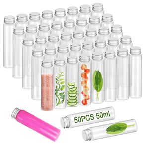 Acrux7 50 PCS Clear Plastic Test Tubes with Caps, 50ml/1.7oz Flat Bottom Test Tubes, 28×110mm Screw Top Plastic Tubes for Candy Storage, Gumball, Bath Salt, Scientific Experiments, Plant Propagation