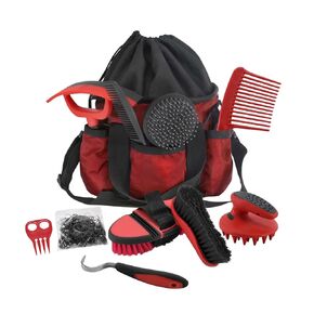 Harrison Howard Horse Grooming Kit 9-Piece Equine Care Series Horse Brush Sets with Organizer Tote Bag Tack Room Supplies Shedding Grooming Massaging Tools Red