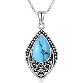 PROESS Sterling Silver Moonstone/Turquoise/Onyx/Larimar/Moss Agate Necklace Filigree Teardrop Pendant Necklace Birthday Christmas Jewelry for Women Girls